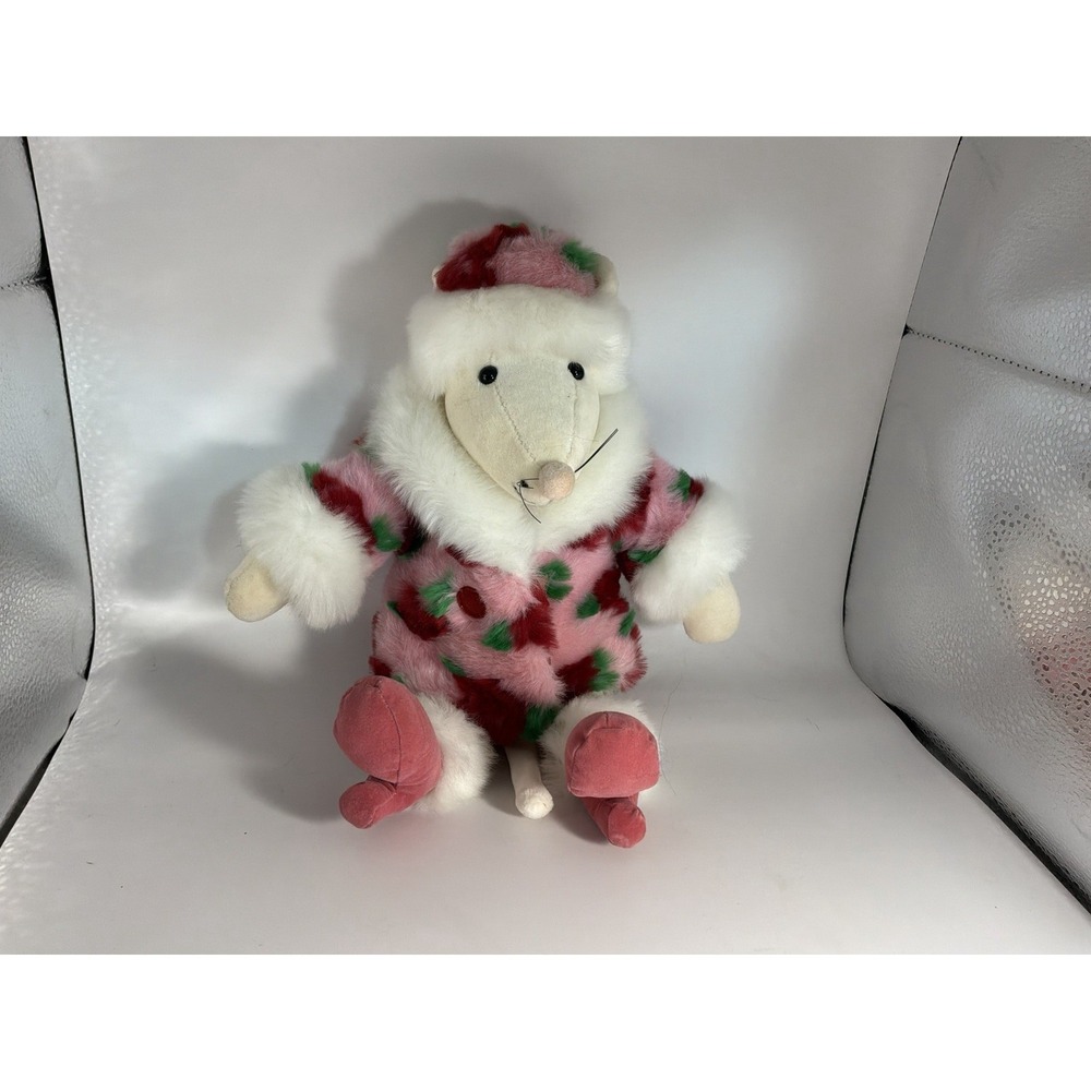 Jellycat Rare Retired "Merry Mouse" London Mouse Rose Fur Coat And Hat